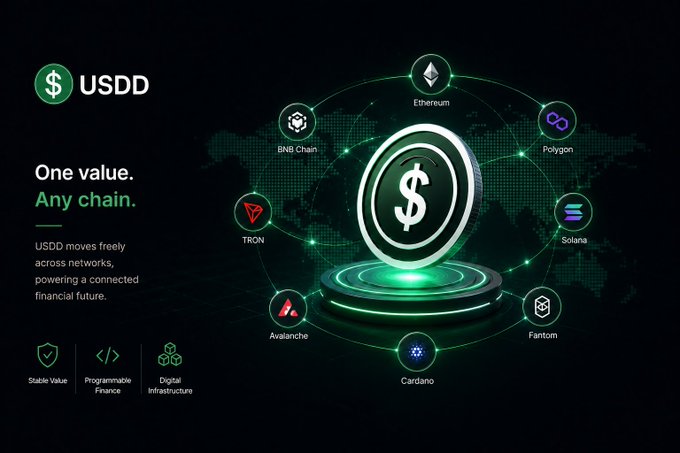 A promotional graphic for the cryptocurrency 'USDD' with the tagline 'One value. Any chain.', showing it connected to networks like Ethereum, BNB Chain, TRON, Polygon, Solana, Avalanche, Cardano, and Fantom.