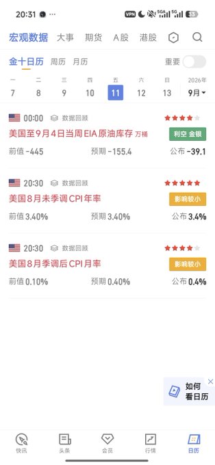 A Chinese financial app calendar view showing key US economic data releases for September 11, including EIA crude oil inventories, US August unseasonally adjusted CPI year-over-year, and seasonally adjusted CPI month-over-month.