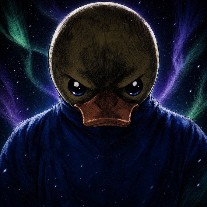 A stylized, dark illustration of an anthropomorphic duck with an angry expression, large eyes, and an orange beak, wearing a dark blue garment against a starry, cosmic background with colorful nebulae.