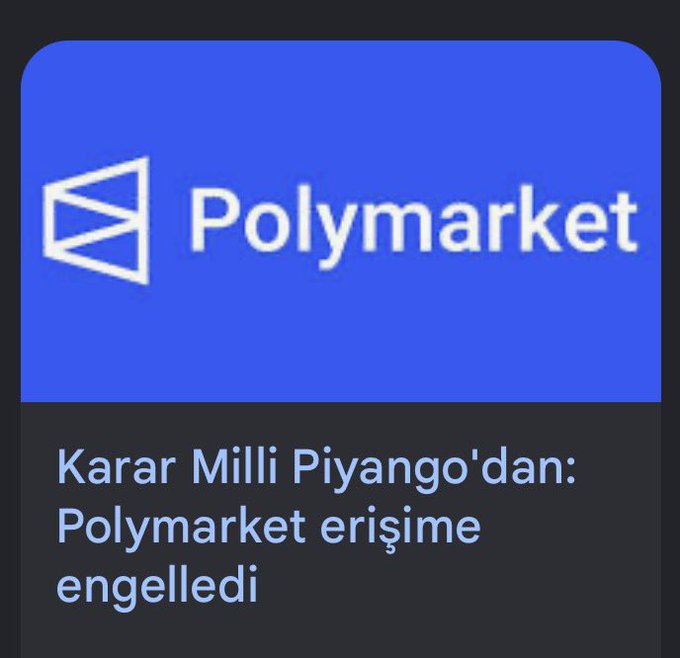 A graphic featuring the Polymarket logo on a blue background with Turkish text below stating 'Karar Milli Piyango'dan: Polymarket erişime engelledi' (Decision from the National Lottery: Polymarket blocked access).