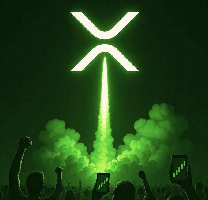 A glowing XRP logo rockets upward through green smoke above a cheering crowd holding phones with rising charts, symbolizing hopes of a price surge amid the token's recent two-month decline.