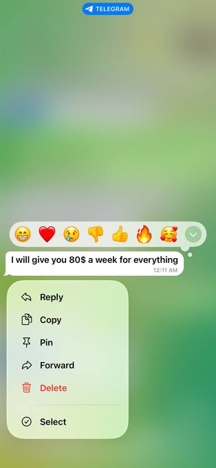 A Telegram message with multiple reaction emojis reads "I will give you 80$ a week for everything," paired with reply, copy, pin, forward, delete, and select options. The image humorously illustrates the context of a modest compensation offer being discussed in a potential collaboration arrangement.