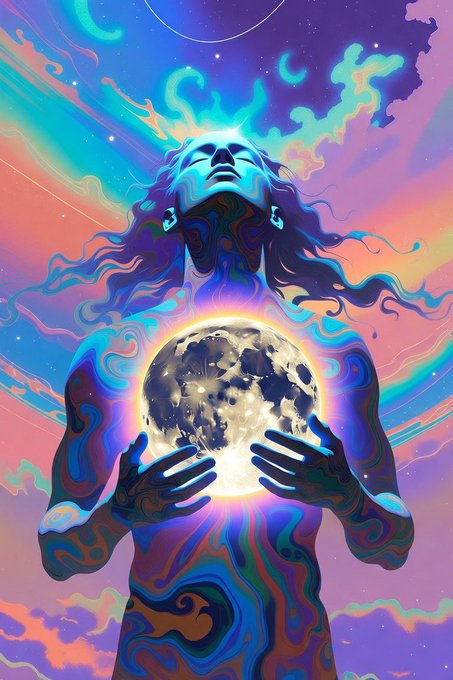 A vibrant, psychedelic digital artwork of a woman holding a glowing moon, with colorful cosmic energy swirling around her.