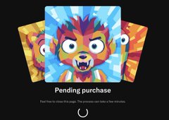 A mobile game loading screen displays a lion mascot character with the text 'Pending purchase' and instructions to close the page.