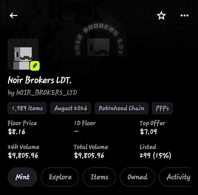 A profile page for an NFT collection called 'Noir Brokers LDT.' on the Robinhood Chain, showing 1,989 items, a floor price of $8.16, and 24h volume of $9,805.96.