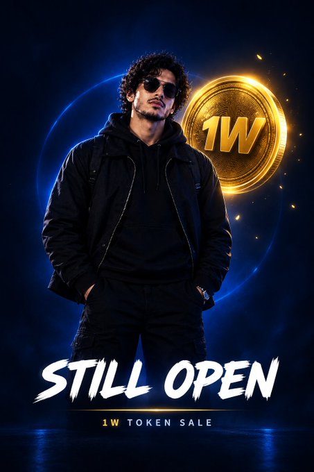 Promotional graphic for a 'STILL OPEN' 1W token sale, featuring a man in black clothing and sunglasses standing next to a golden '1W' coin.