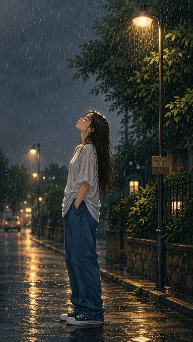 An anime-style illustration of a young woman with long dark hair standing on a rainy street at night, looking up at a glowing streetlamp with her hands in her pockets.
