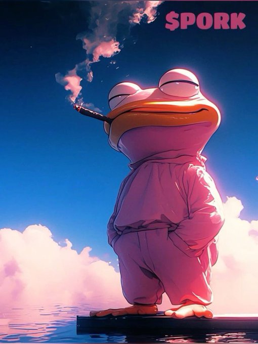 A digital artwork of a chubby pink frog wearing a hoodie, smoking a cigar against a sunset sky, with the text '$PORK' in the corner.
