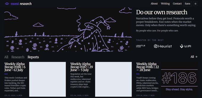 The image shows the Moni Research website featuring a purple pixel-art witch illustration, with the tagline "Do our own research" and highlighting Weekly Alpha Reports (#186, #187, #188) covering crypto topics like Coinbase/Kraken, SEC regulation, and tokenized stocks—aligning with the post's praise for the platform's timely weekly crypto insights and early call on $CASHCAT.