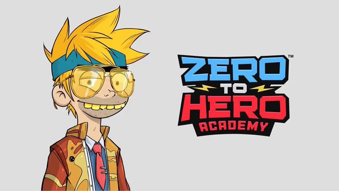 A cartoon character with spiky blonde hair, yellow-tinted glasses, a blue headband, and a red jacket smiles beside the "Zero to Hero Academy" logo, visually embodying the "started from zero" origin story concept behind the upcoming Ethereum NFT collection.