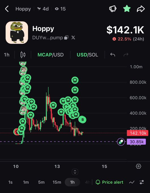 A cryptocurrency price chart for token 'Hoppy' (DUYw...pump) on Solana, showing a market cap of $142.1K with a 22.5% decline over 24 hours, plotted on a 1-hour timeframe.