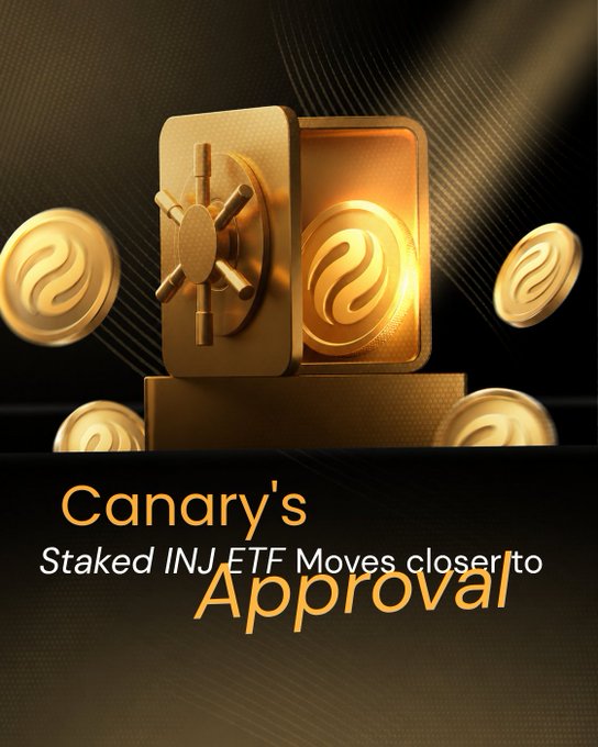 A promotional graphic with a golden vault and INJ coin logos, with text reading 'Canary's Staked INJ ETF Moves closer to Approval'.