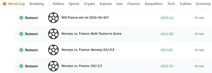 A screenshot of a Polymarket predictions page showing successful bets on France and Norway soccer matches with winnings ranging from +$14.08 to +$46.88, including "Will France win on 2026-06-26?" and several "Norway vs. France" betting options, reflecting the user's profitable FIFA World Cup predictions.