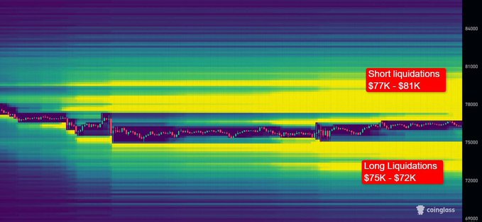 A liquidity heatmap of Bitcoin displays two dense concentration zones: short liquidations stacked between $77K–$81K above the current price, and long liquidations building between $75K–$72K below, illustrating BTC's position trapped between these vulnerable pockets.