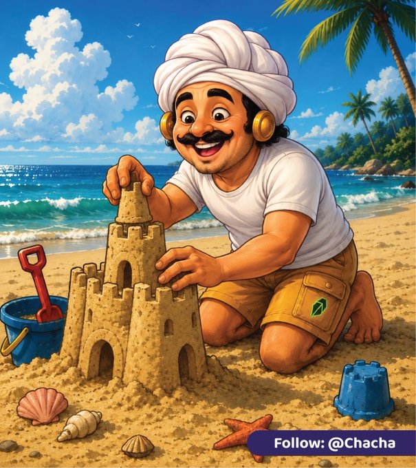 A cheerful turbaned man builds a sandcastle on a sunny beach, with a “Follow: @Chacha” banner. The scene mirrors the post’s “Brick by brick. Sand by sand.” message promoting $CHACHA, #CHACHA, #Solana, #Memecoin, and #CryptoCommunity.