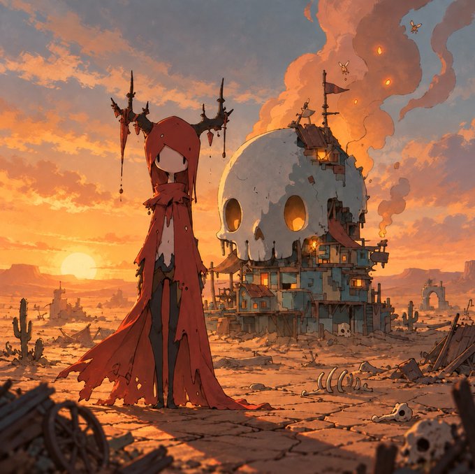 An atmospheric illustration of a figure in a tattered red cloak with horn-like protrusions standing in a desert wasteland before a massive skull-shaped building at sunset.