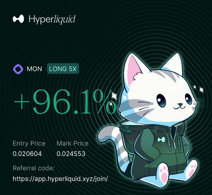 The image shows a Hyperliquid trading screenshot for a LONG 5X position on MON, displaying an unrealized gain of +96.1% with an entry price of 0.020604 and mark price of 0.024553, alongside a cheerful cartoon cat mascot in a hoodie. The cat's happy expression and the "I turn feelings into money" caption suggest the meme trader went with a hopeful long position and is profiting handsomely as the price moves in their favor.