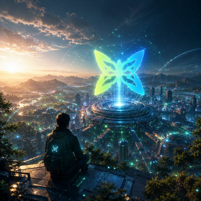 A digital artwork showing a person with a backpack sitting on a rocky ledge, overlooking a futuristic glowing city beneath a large, luminous blue and green butterfly hologram at sunset.