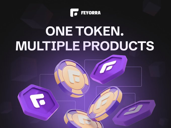 A promotional graphic for 'FEYORRA' with the text 'ONE TOKEN. MULTIPLE PRODUCTS' displayed against a dark background with floating purple tokens.