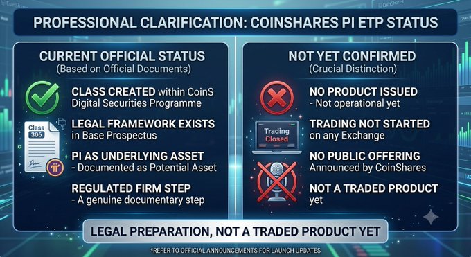 The image is an infographic titled "Professional Clarification: CoinShares Pi ETP Status" that distinguishes between confirmed and unconfirmed elements, listing as confirmed: Class 306 created within the CoinShares Digital Securities Programme, a legal framework in Base Prospectus, Pi as a documented potential underlying asset, and a genuine regulated documentary step—while marking as unconfirmed that no product has been issued, trading has not started on any exchange, no public offering has been announced, and it is not yet a traded product, concluding that it represents "Legal Preparation, Not a Traded Product Yet."