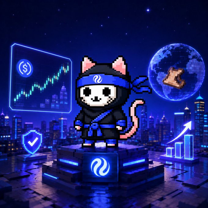 A pixel art illustration of a cat wearing a blue ninja outfit standing on a platform, surrounded by crypto-related imagery including a price chart, dollar sign, shield icon, and a stylized globe.