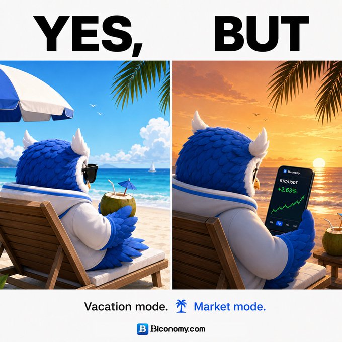 A 'YES, BUT' comparison meme by BIconomy.com contrasting 'Vacation mode' with a blue mascot relaxing on a beach with a coconut and sunglasses against 'Market mode' where the same character checks a phone displaying 'BTC/USDT +2.83%' at sunset.
