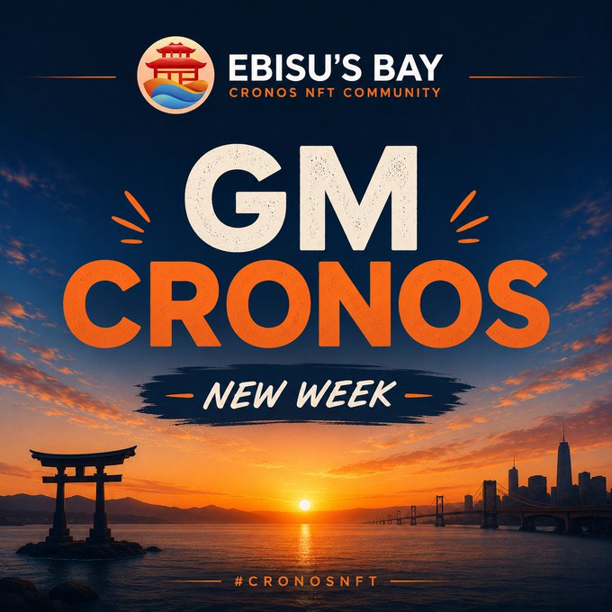 Graphic for Ebisu's Bay Cronos NFT Community displaying 'GM CRONOS NEW WEEK' over a sunset cityscape with a Japanese torii gate, tagged '#CRONOSNFT'.