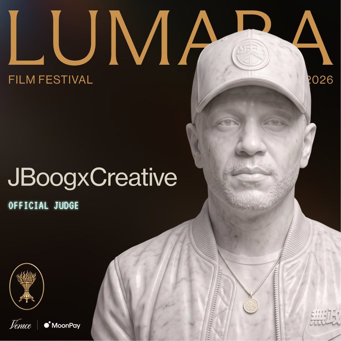 A promotional graphic for the "LUMARA Film Festival 2026" features a marble-textured statue of a man wearing a baseball cap and chain necklace, identifying "JBoogxCreative" as an "OFFICIAL JUDGE," with sponsor logos for Venice and MoonPay at the bottom. The image aligns with the post's mention of a MoonPay campaign, highlighting it as a visual example of an active AI/creative opportunity to participate in.