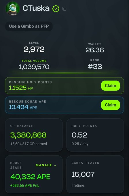 A dark-themed app interface for user 'CTuska' displays stats including Level 2,972, Wallet 26.36, Total Volume 1,039,570, Rank #33, GP Balance 3,380,868, and 15,007 Games Played.