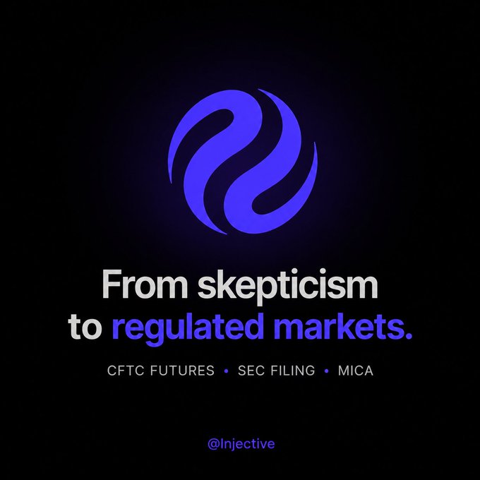 Promotional graphic with a purple logo reading 'From skepticism to regulated markets. CFTC FUTURES • SEC FILING • MICA' and '@Injective'.