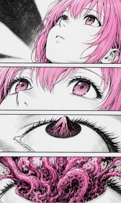A black-and-white manga-style illustration with pink accents shows a dramatic sequence of close-up panels featuring an anime girl with wide eyes and an unsettling image of a stylized mountain and pink tentacles emerging from an eye.