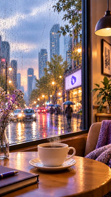 A steaming cup of coffee sits on a wooden table inside a café, looking out through a rain-streaked window at a city street with glowing lights and passing umbrellas.