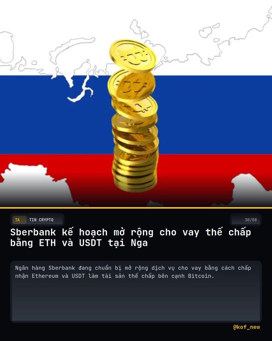 A Vietnamese crypto news post from @kof_new with the headline 'Sberbank kế hoạch mở rộng cho vay thế chấp bằng ETH và USDT tại Nga' (Sberbank plans to expand mortgage lending using ETH and USDT in Russia), featuring gold coins over the Russian flag.