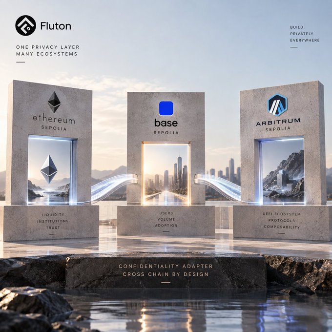 A promotional graphic for 'Fluton' featuring three stone archways labeled 'Ethereum Sepolia', 'Base Sepolia', and 'Arbitrum Sepolia' with text highlighting 'One privacy layer many ecosystems' and features like 'Liquidity, Institutions, Trust', 'Users, Volume, Adoption', and 'DeFi Ecosystem, Protocols, Composability'.