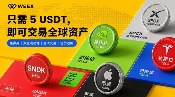 The image is a WEEX cryptocurrency exchange advertisement featuring the WEEX logo and Chinese text "只需5USDT，即可交易全球资产" (Only 5 USDT to trade global assets), showcasing colorful token-like icons representing major stocks including NVDA (英伟达/NVIDIA), AAPL (苹果/Apple), TSLA (特斯拉/Tesla), SPCX (太空探索技术公司/SpaceX), and SNDK (闪迪/SanDisk).

The visual reinforces the post's theme about crypto exchanges evolving into "multi-asset gateways"—WEEX's ad directly illustrates this shift by promoting stock token trading alongside crypto, highlighting features like zero commissions, deep liquidity, and seamless trading across traditional equities (NVDA, AAPL, TSLA, SPCX) accessible with minimal USDT.
