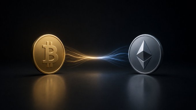 A dark background featuring two 3D cryptocurrency coins—a gold Bitcoin (BTC) on the left and a silver Ethereum (ETH) on the right—with glowing orange and blue energy streams connecting them.