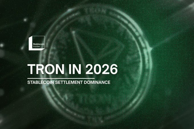 The image features a promotional graphic with a green digital background displaying "Stablecoin Insider" branding alongside the headline "TRON IN 2026" and subheading "STABLECOIN SETTLEMENT DOMINANCE," visually reinforcing the post's message about TRON's growing role in stablecoin payments and its record-breaking $90 billion USDT supply representing 47% of the total market.
