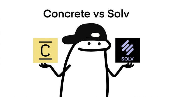 A cartoon character wearing a cap, holding two logos: a yellow 'C' icon and a black 'SOLV' logo, with the title 'Concrete vs Solv'.