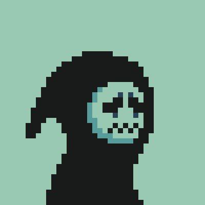 A simple pixel-art illustration of a grim reaper figure in a black cloak with a teal skull face, set against a light green background.