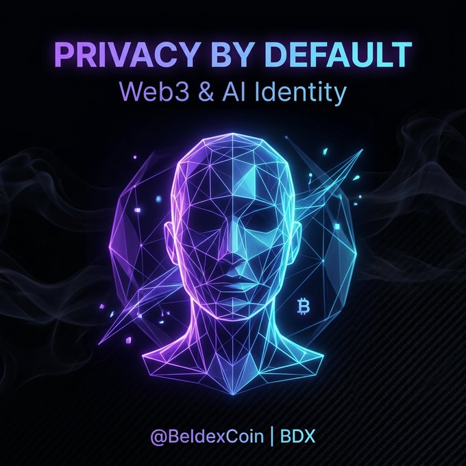 A graphic with a neon geometric face illustration and the text 'PRIVACY BY DEFAULT', 'Web3 & AI Identity', and '@BeldexCoin | BDX' with a Bitcoin symbol.