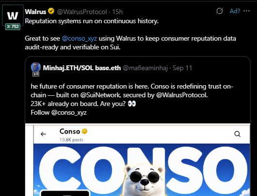 A Twitter/X post from Walrus (@WalrusProtocol) quoting Minhaj.ETH/SOL about using Walrus for consumer reputation data on Sui, featuring Conso branding.