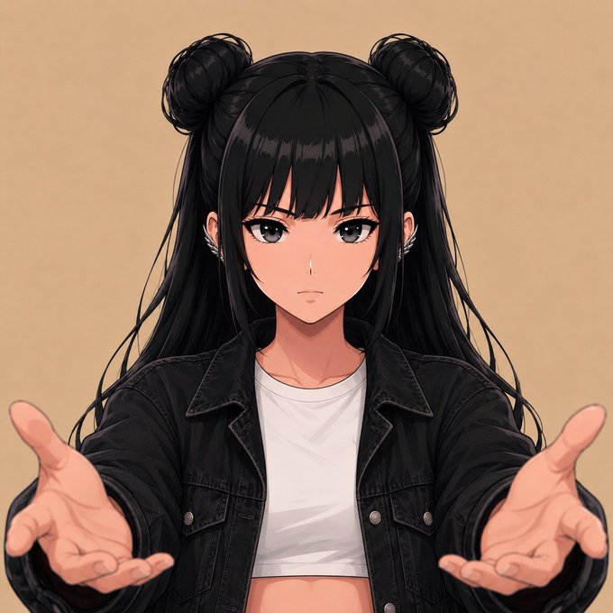 An anime-style illustration features a black-haired girl with twin bun hairstyles and long flowing hair, wearing a black denim jacket over a white top, extending both hands forward in an inviting gesture against a tan background—visually echoing the post's playful challenge to join the creator's addictive content.