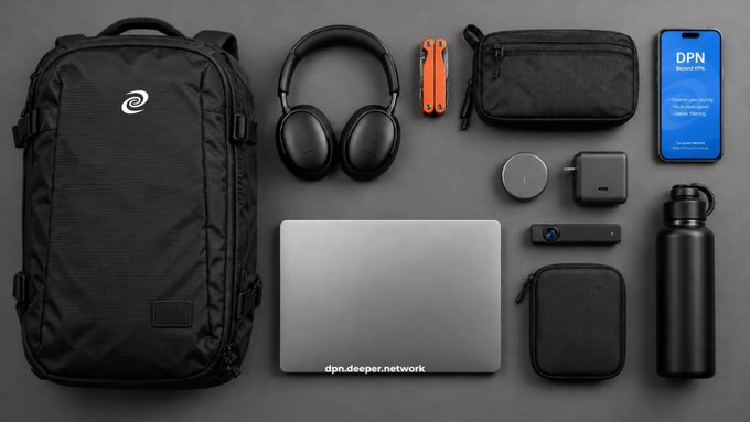 Flat lay arrangement of travel and tech essentials including a black backpack, laptop, headphones, water bottle, and a phone displaying "DPN deeper network".