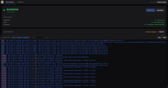 Screenshot of a 'Status Monitor' dashboard showing a node labeled 'RUNNING' with green health indicators and detailed requirement logs below.