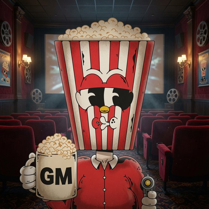 A cartoon character with a red and white striped popcorn bucket for a head, wearing sunglasses and a red shirt, holds popcorn and a mug labeled 'GM' in a movie theater setting.