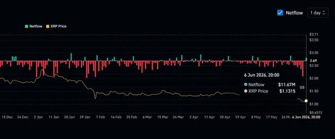The image shows a line graph tracking the net inflows of Bitcoin, represented by XRP or Ripple, against time. There are two lines visible, one representing the XRP price and another showing the amount of money flowing into the cryptocurrency. This information is related to the current state of Ripple's value, suggesting that it has gained popularity among investors who want to invest in Bitcoin.