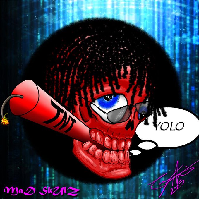 A graphic illustration of a red, grinning skull with dreadlocks and an eyepatch holding a stick of TNT, accompanied by a 'YOLO' thought bubble and 'MAD SKILLZ' text.