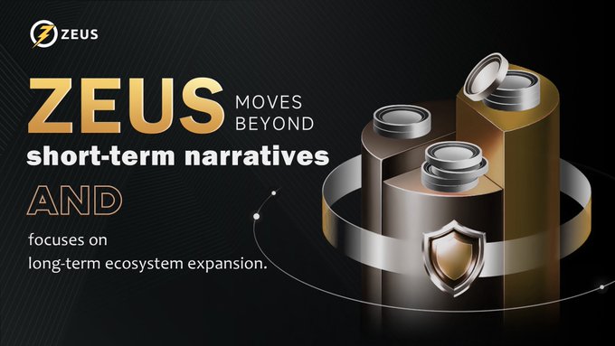 A sleek promotional graphic featuring the ZEUS logo and gold-toned 3D batteries with a shield emblem, displaying the text "ZEUS MOVES BEYOND short-term narratives AND focuses on long-term ecosystem expansion," which visually reinforces the message of building lasting utility and resilience beyond temporary market hype.
