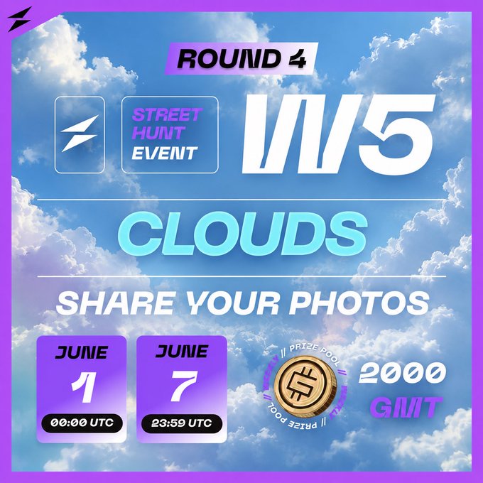The image features a sky with clouds against a blue background. The caption reads "Stepn Go Street Hunt: Round 4 - Week 5: CLOUDS Time to look up! Head out with STEPN GO and capture the most interesting clouds you spot during your walk".