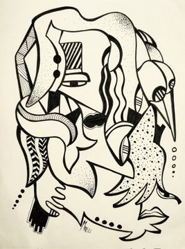 The image features a black and white line drawing that appears to be a sketch of a person's face, with various elements such as hair, eyes, nose, mouth, and possibly other facial features. The drawing has an abstract style, giving it a unique and artistic appearance. The post also includes the text "hi frees" and "born of reverie", which could potentially be related to the artist or the inspiration behind the artwork.